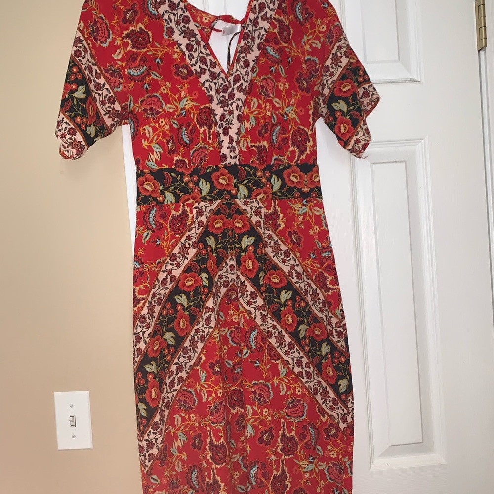 Red flowered maxi dress with open back